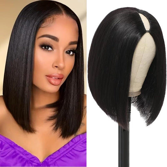 Atikual V Part Wig Human Hair Straight Bob Wigs For Black Women 14inch Brazilian Remy Hair Short Bob Human Hair Wigs Clip in U Part Wig Human Hair Extensions Natural Black Color