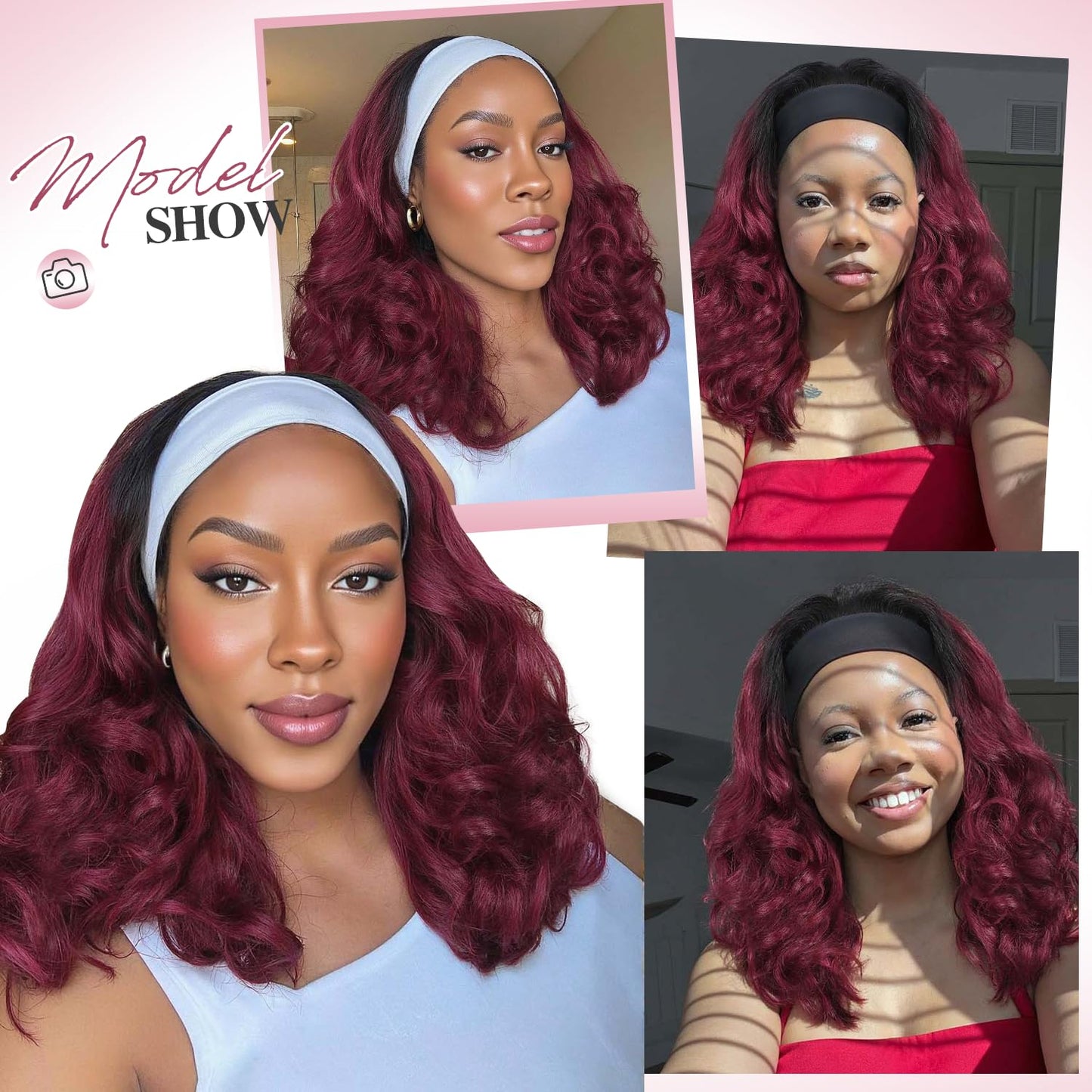 Quantum Love Yaki Curly Headband Wigs for Black Women Kinky Straight Ombre Red Headband Curly Ends Synthetic Wear and Go Glueless half Wig with Headbands Attached