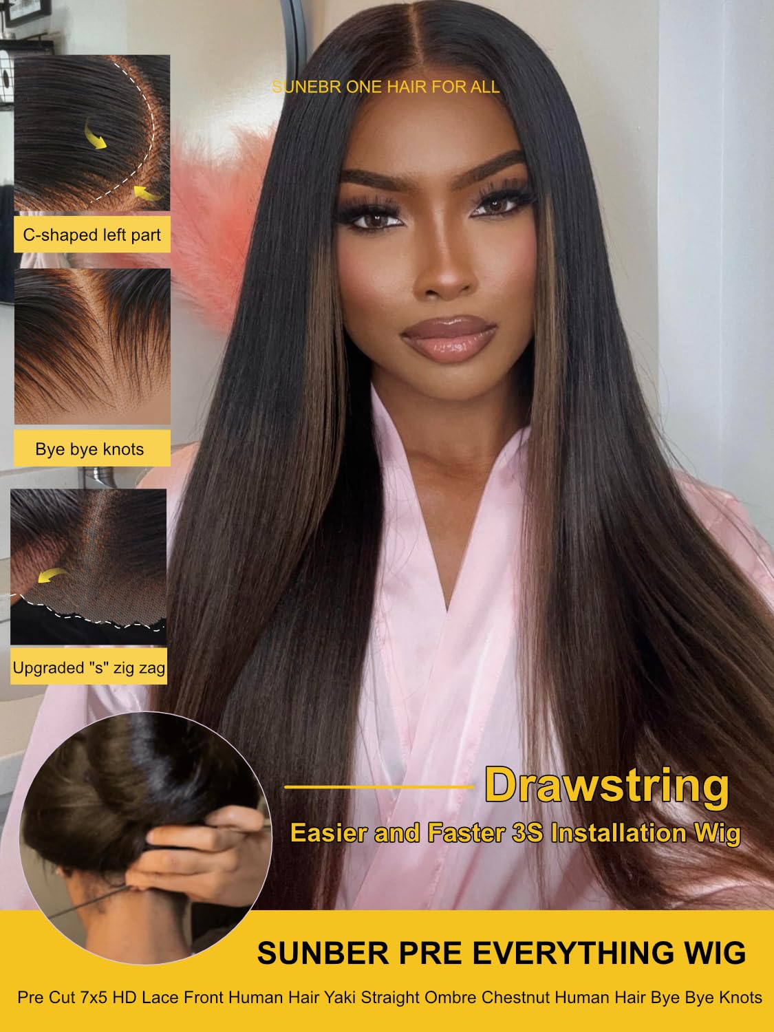 Sunber Ombre Chestnut Yaki Straight Human Hair Wigs with Drawstring Put and Go Bye Bye Knots Pre Cut 7x5 HD Lace Front Glueless Yaki Wigs Pre Plucked Invisible Knots 3S Wear 24Inch Beginner friendly