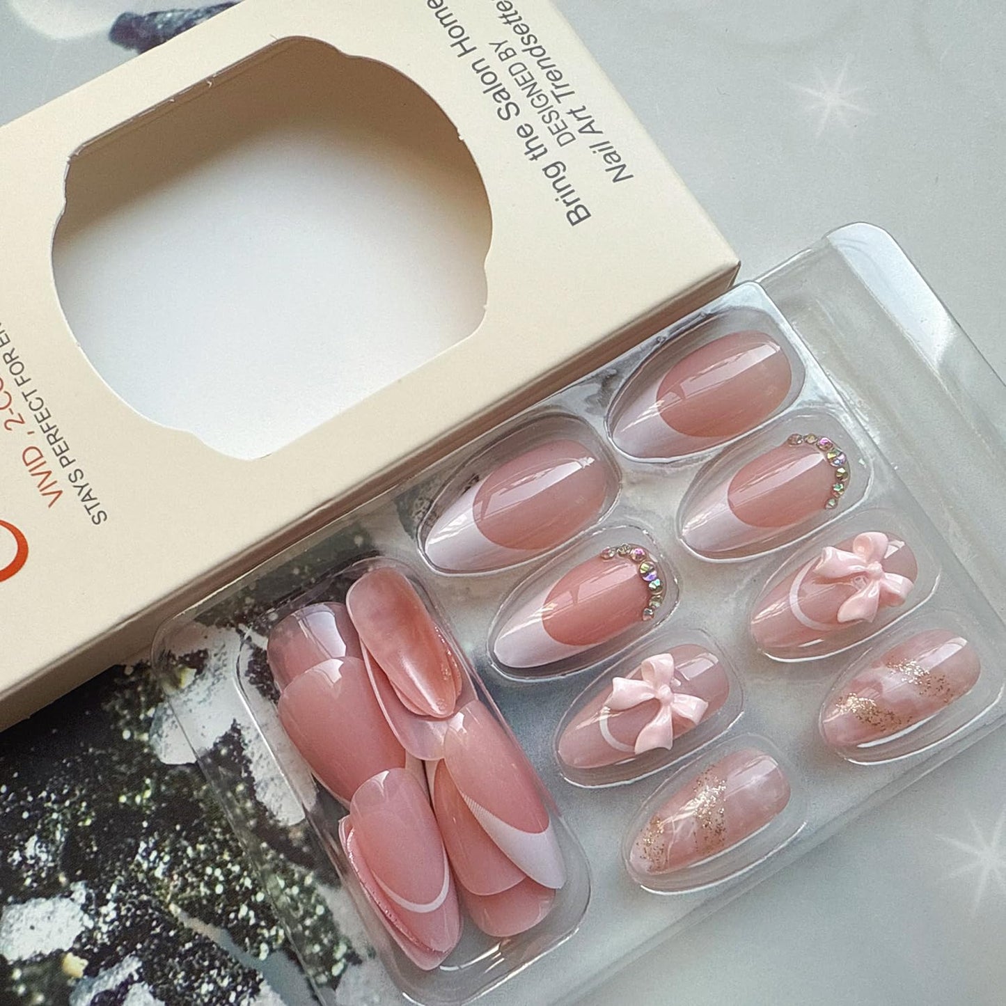 Almond Press on Nails Short White French Tip Press on Fake Nails with 3D Bow Charms Rhinestone Glitter Pink Acrylic Full Cover Gel False Nail Kit Almond Shape Glue on Stick on Nails for Women 24PCS