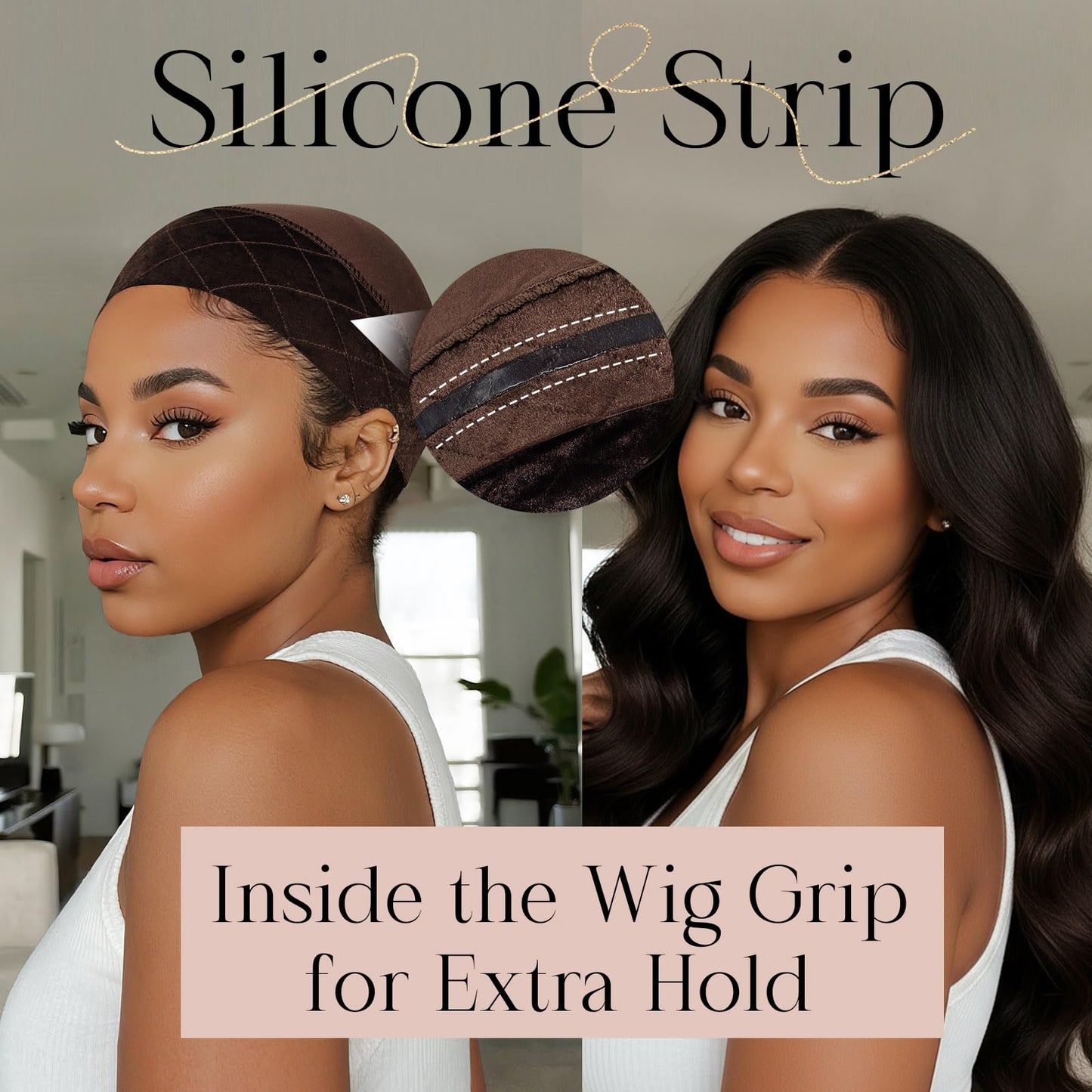 MYKURS Wig Grip Cap with Silicone Strip Non Slip, 2-in-1 Soft Wig Caps to Hold Wig in Place, Dark Brown 2 PCS