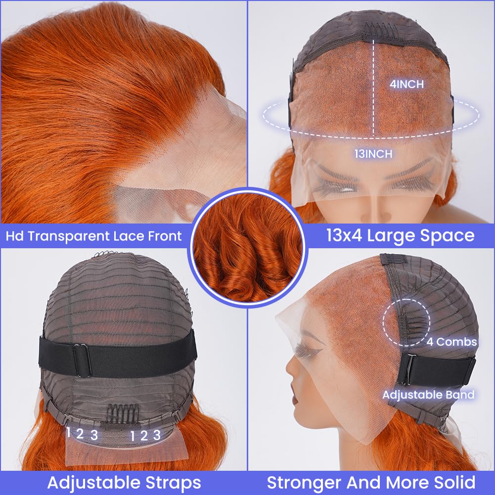FASCARA Short Wig 350 Ginger Orange 16 Inch 180% Density Human Hair 13x4 HD Transparent Lace Front Wig with Baby Hair for Women