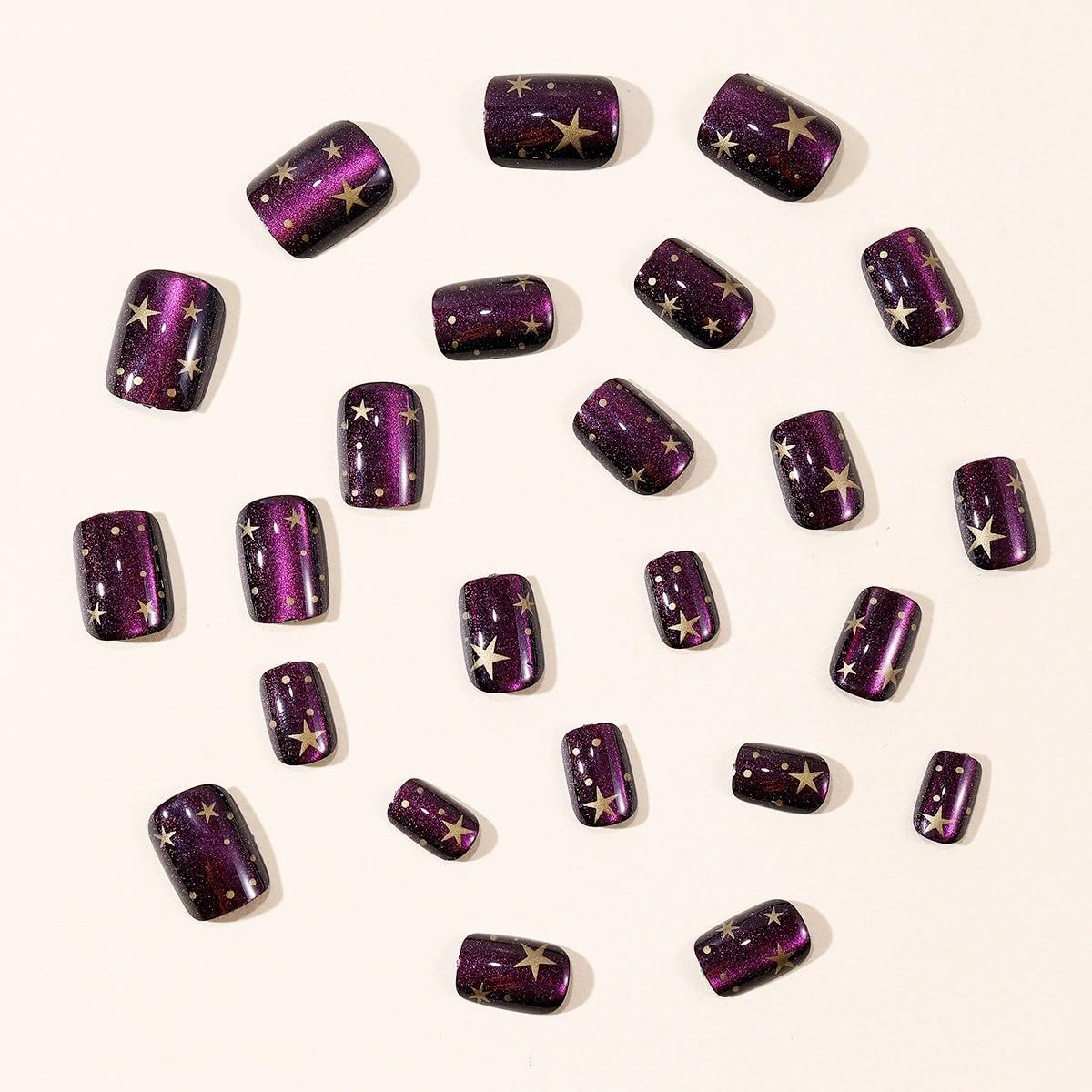 Short Square Press on Nails Fake Nails with Designs Glossy Purple Polka Dot Golden Star Pattern Acrylic Gel False Nail Kit Full Cover Reusable Artificial Stick on Nails for Women Manicure Decorations