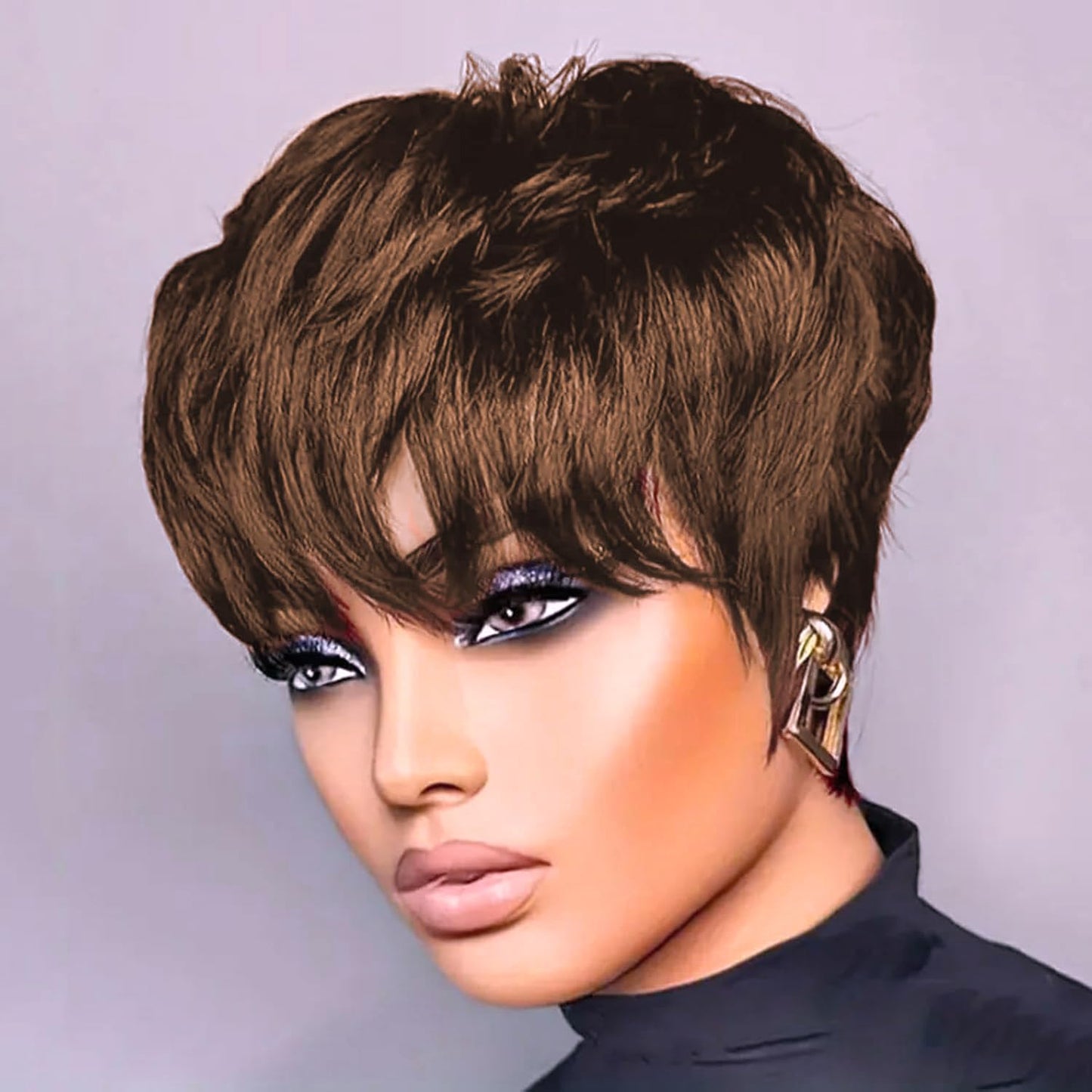 QiaQiaRing Chic Elegent 10A Pixie Cut Wigs for Black Women 4# Brown Color for Daily Use Short Layered Pixie Cut Human Hair Wigs With Bangs Brazilian Virgin Straight Human Hair (4#brown)