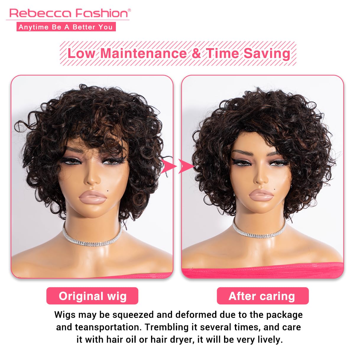 Rebecca Fashion Short Curly Human Hair Wigs for Black Women Side Part Cute Curly Bob Wig Brazilian Remy Non Lace Glueless Wigs Natural Looking Highlight Brown Black Mix Brown Color