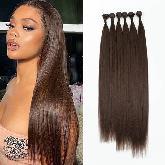DÉBUT Long Straight Hair 6 Bundles High Temperature Fiber 300g for Full Head Synthetic Hair Weave Medium Brown 26 28 30 Inches