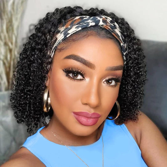AISI QUEENS Headband Wig Human Hair For Black Women Jerry Curly Wigs Easy Wear Glueless Human Hair None Lace Front Wig Short Curly Headband Wigs (10 Inch, Curly Headband Wigs)