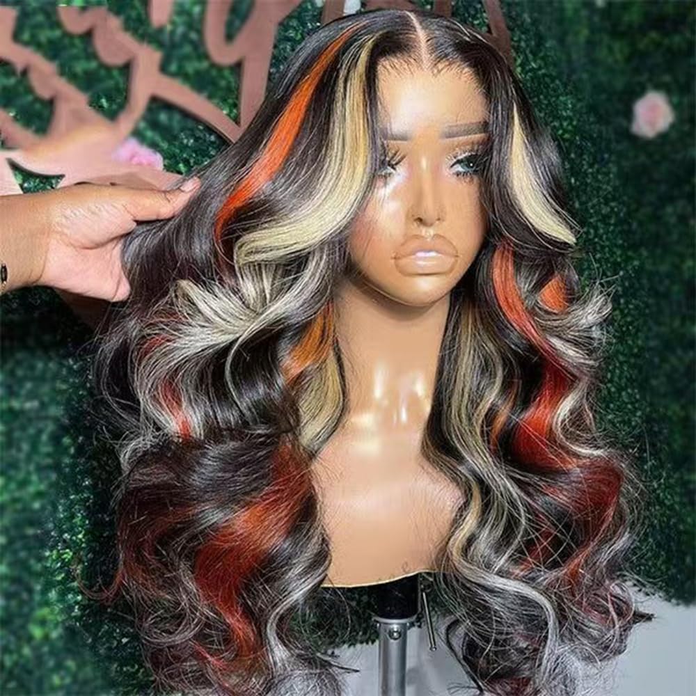 SISIFIRE Blonde Reddish Highlight Lace Front Wig Pre-plucked Glueless 13X4 Inch Ombre Synthetic Lace Front Wigs for Women Long Curly Wavy Wigs