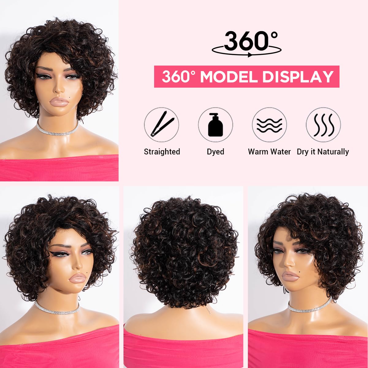 Rebecca Fashion Short Curly Human Hair Wigs for Black Women Side Part Cute Curly Bob Wig Brazilian Remy Non Lace Glueless Wigs Natural Looking Highlight Brown Black Mix Brown Color