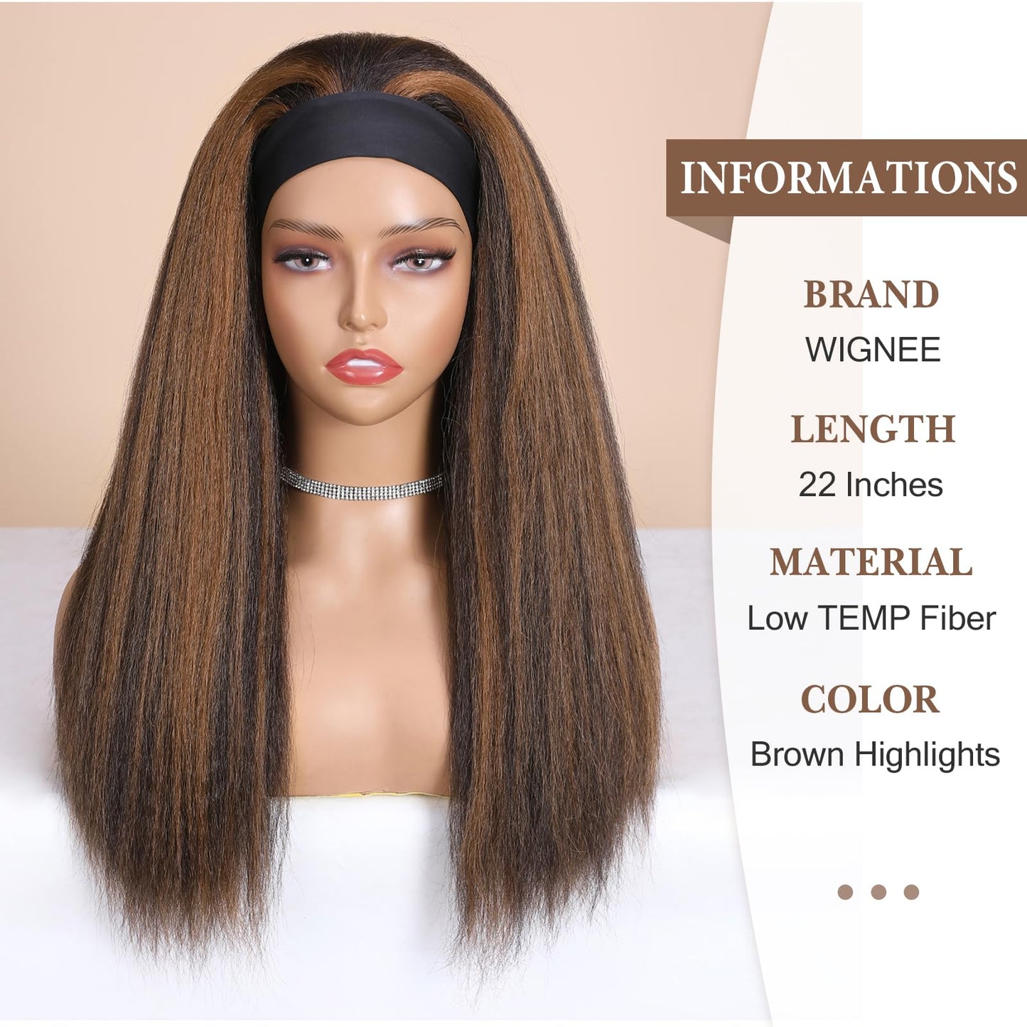 WIGNEE Brown Highlights Kinky Straight Headband Wig for Women 22 Inches Yaki Straight Wigs with Black Headband Kinky Straight Wigs for Black Women (2A/30# Highlights, 22 Inch)