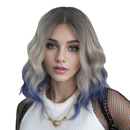 MUPUL Black Ombre silver gray To Blue Wig Short Body Wavy Bob Wigs for Women Shoulder Length Synthetic Cosplay Party Wig for Girls Daily Use Colorful Wigs