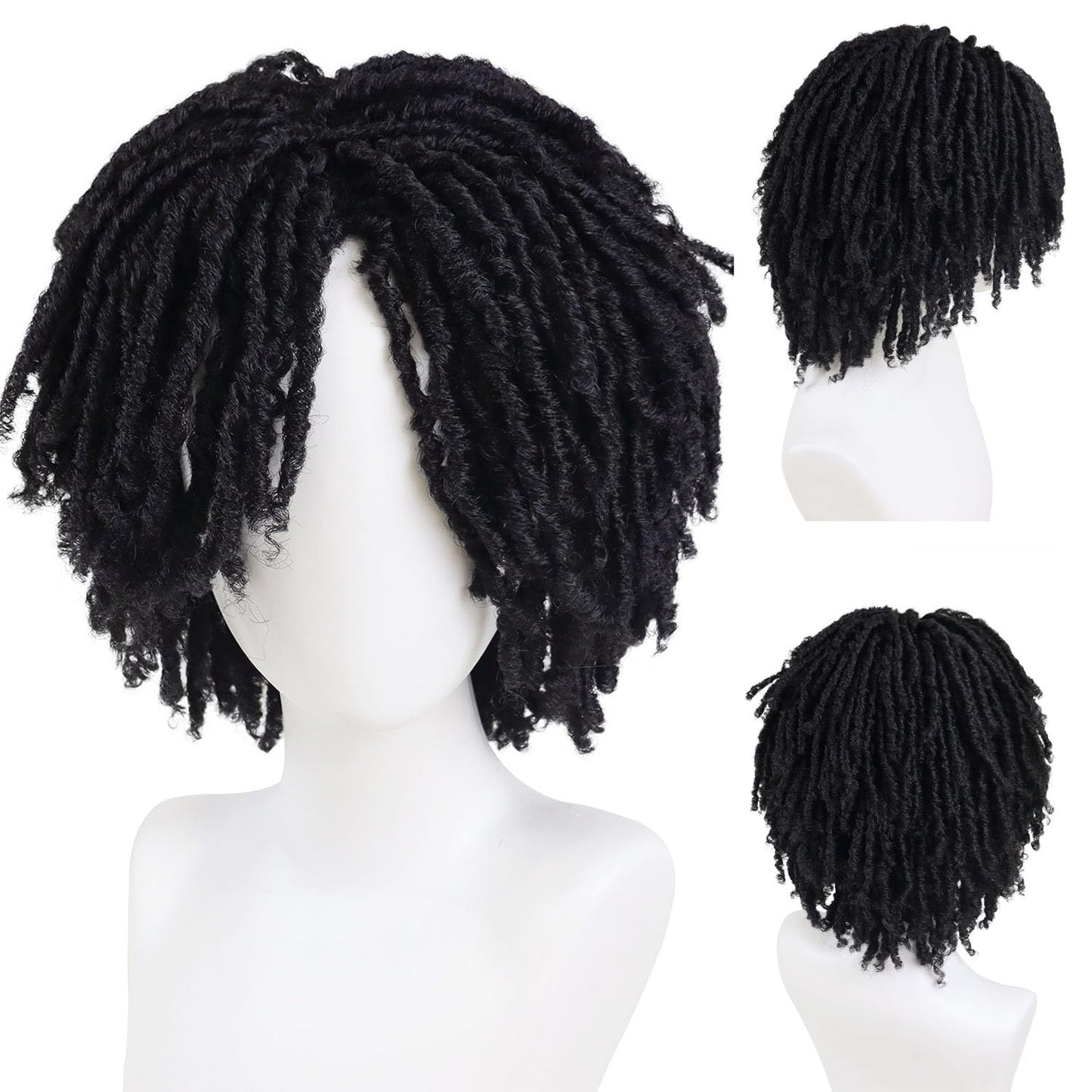 GNIMEGIL Mens Dreadlock Wig Black Curly Male Fake Dreads Loc Short Braided Wig with Bangs Realistic Twist Rasta Wigs Roleplay