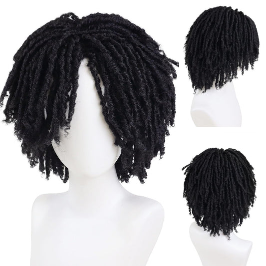 GNIMEGIL Mens Dreadlock Wig Black Curly Male Fake Dreads Loc Short Braided Wig with Bangs Realistic Twist Rasta Wigs Roleplay