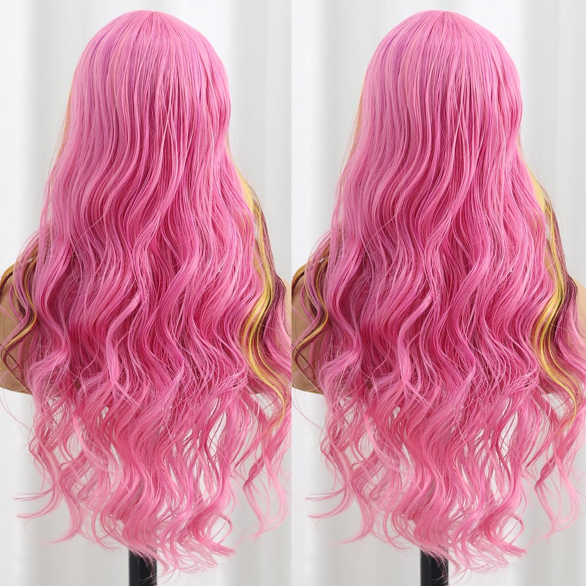 SISIFIRE Pink Yellow Highlight Dark Red Long Curly Wavy Wigs for Women Middle Part Synthetic Heat Resistant Fiber Small Lace Wig for Halloween Cosplay Christmas Wigs