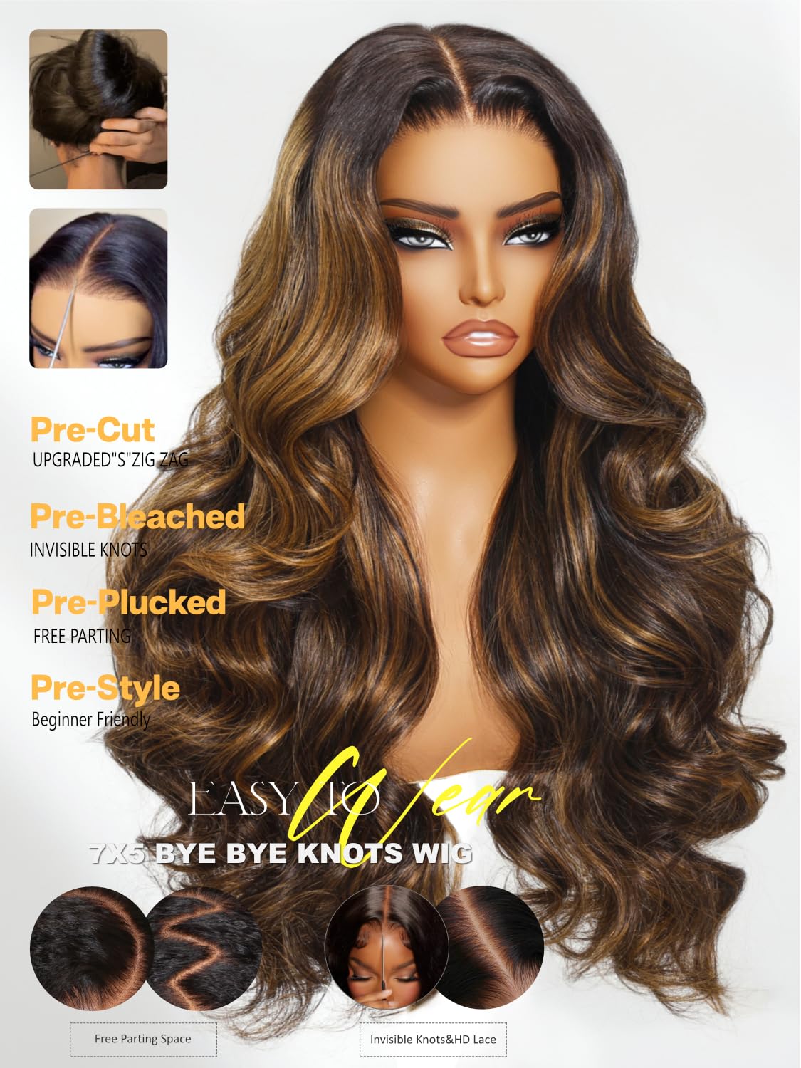 Sunber Ombre Highlight Brown Body Wave Human Hair Glueless Balayage Wigs Pre Cut 7x5 HD Lace Front with Elastic Drawstring 150% Density Put On and Go Pre Plucked Pre Bleached Invisible Knots 24Inch
