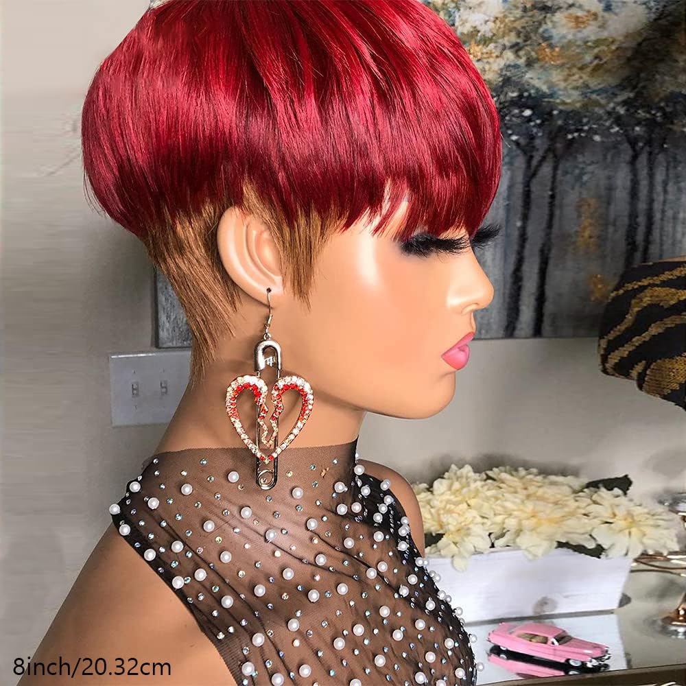 PurpleSexy Short Layered Pixie Cut Human Hair Wigs With Bangs Pixie Cut Wigs for Black Women 30/BG Daily Use Color Chic Elegent Brazilian Virgin Straight Human Hair Wigs (30/bg)