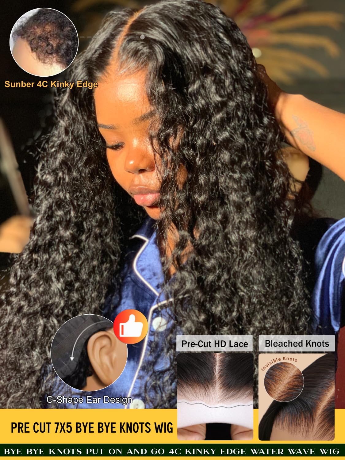 Sunber 4C Kinky Edges Water Wave Human Hair Wigs with Drawstring Bye Bye Knots Pre Cut 7x5 HD Lace Front Water Wave Glueless Wigs Put On and Go Pre Bleached Knots 180% Density 14Inch Beginner friendly
