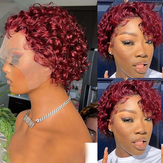 Red Short Curly Wigs - Pixie Cut Lace Front Wigs, 6 Inch Human Hair, Burgundy, HD Lace Front, Plucked, for Black Women