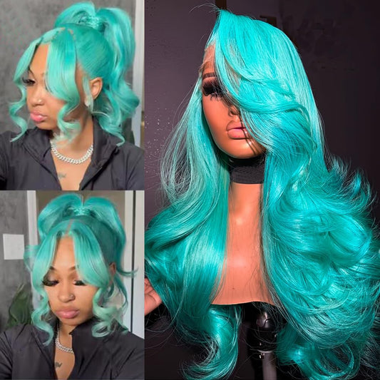 SISIFIRE Green Body Wave Lace Front Wigs for Women 13*4 Inch Long Deep Curly Wave Synthetic Lace Front Wig with Baby Hair Preplucked Hairline Glueless Lace Wigs