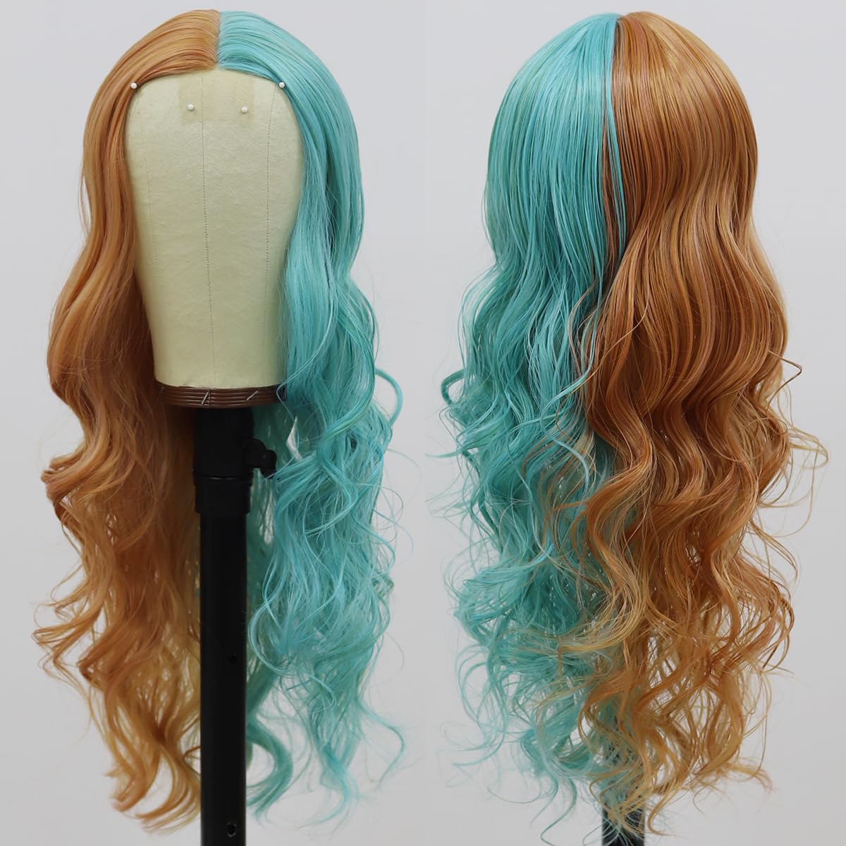SISIFIRE Synthetic Wavy Wig Ombre Half Blue Small Lace Front Wig Heat Resistant Fiber Wigs for Cosplay Halloween Christmas Wigs