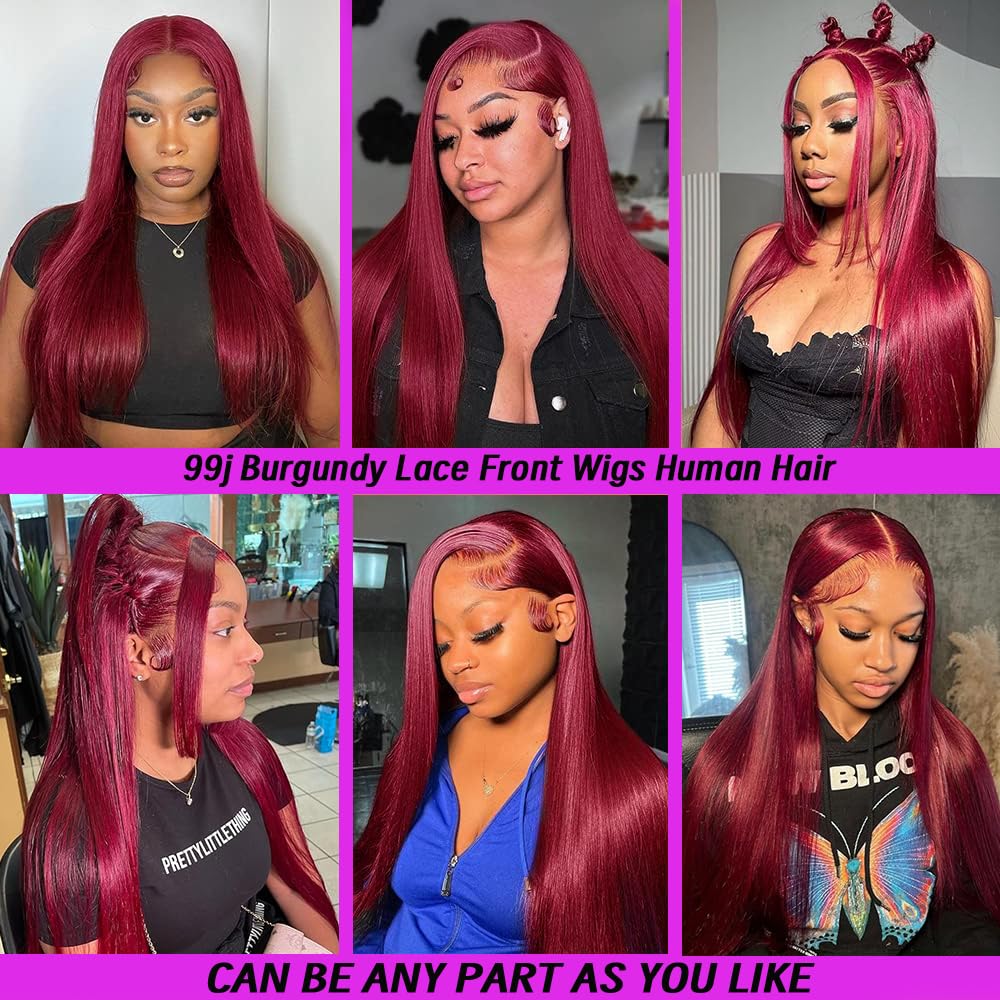 ROLKISA 99j Burgundy Lace Front Wigs Human Hair 34Inch 13x6 Lace Front Wigs Human Hair Straight Red 180% Density HD Lace Front Human Hair Pre Plucked Pre Cut Glueless Wigs Colored For Women