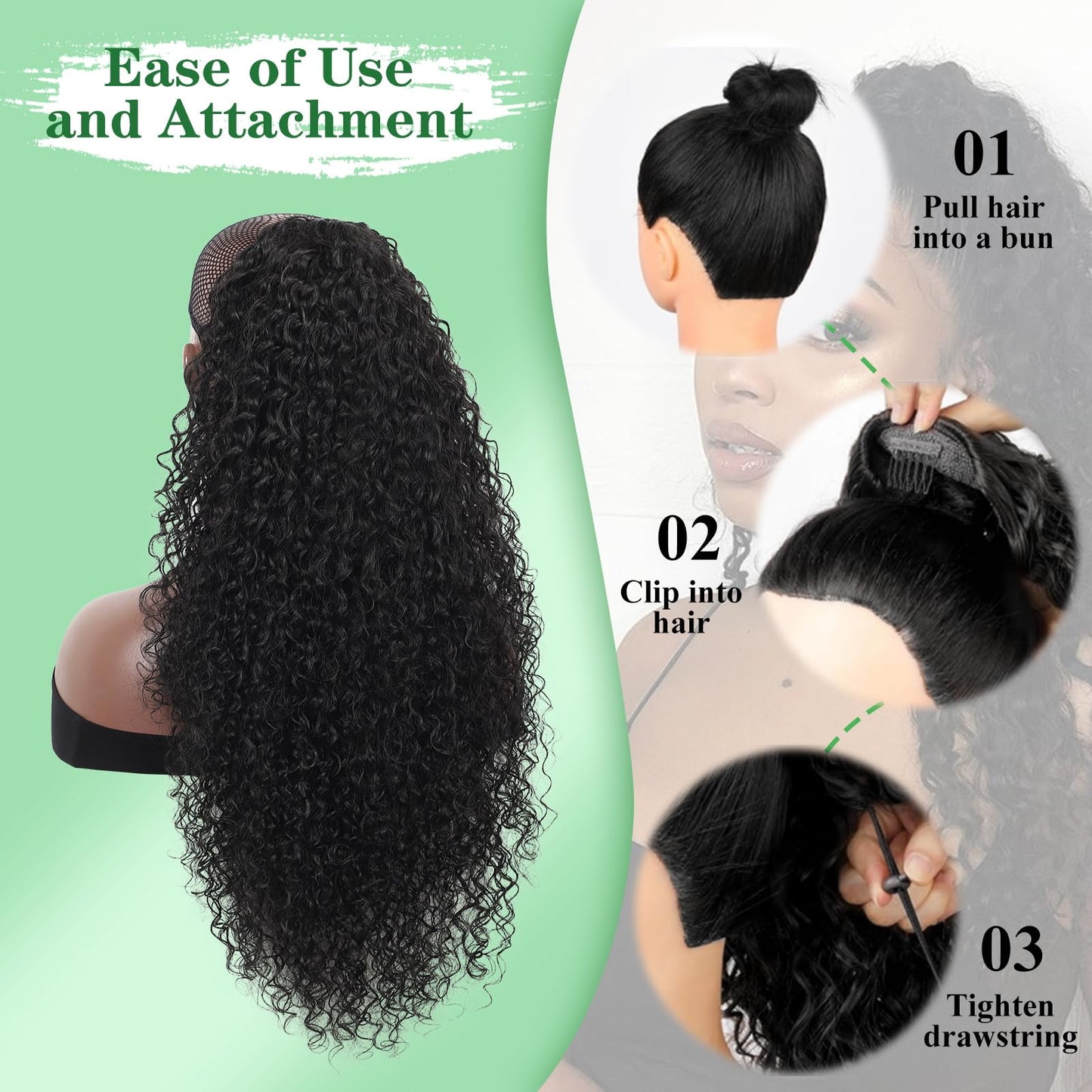 Youthfee 27” Drawstring Ponytail Deep Curly Heat Resistant Instant Clip Ponytail Extension Protective Style Afro Kinky Curly Hair Pieces for Women