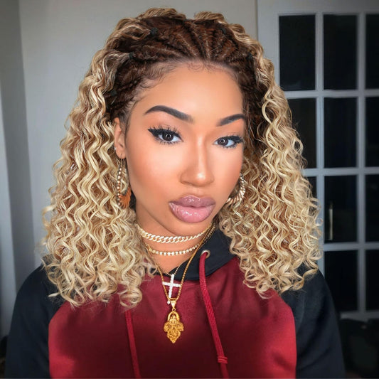 Fancy Hair Braided Wig Cornrow with Curly Hair Wig HD Lace Front with Baby Hair Pre Plucked Glueless Transparent 13x4 Inch Lace Frontal Wig for Black Women (Ombre Blonde, 16 inches)