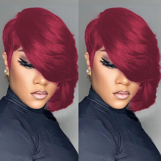 PangDongLai 10A Chic Elegent Pixie Cut Wigs for Black Women Model Length Light 99J Color Short Layered Pixie Cut Human Hair Wear and go Glueless Wigs With Bangs for Daily Use (light 99j)