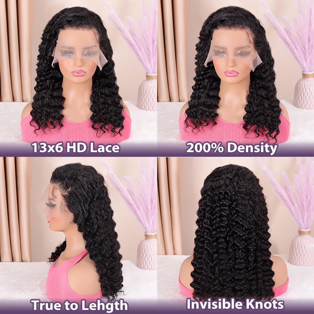 Hihmarm Deep Wave Bob Wig Human Hair 13x6 HD Lace Front Wigs Human Hair Pre Plucked Glueless Wig Frontal Curly Bob Wigs for Black Women 180 Density Wet and Wavy Natural Color 18 Inch
