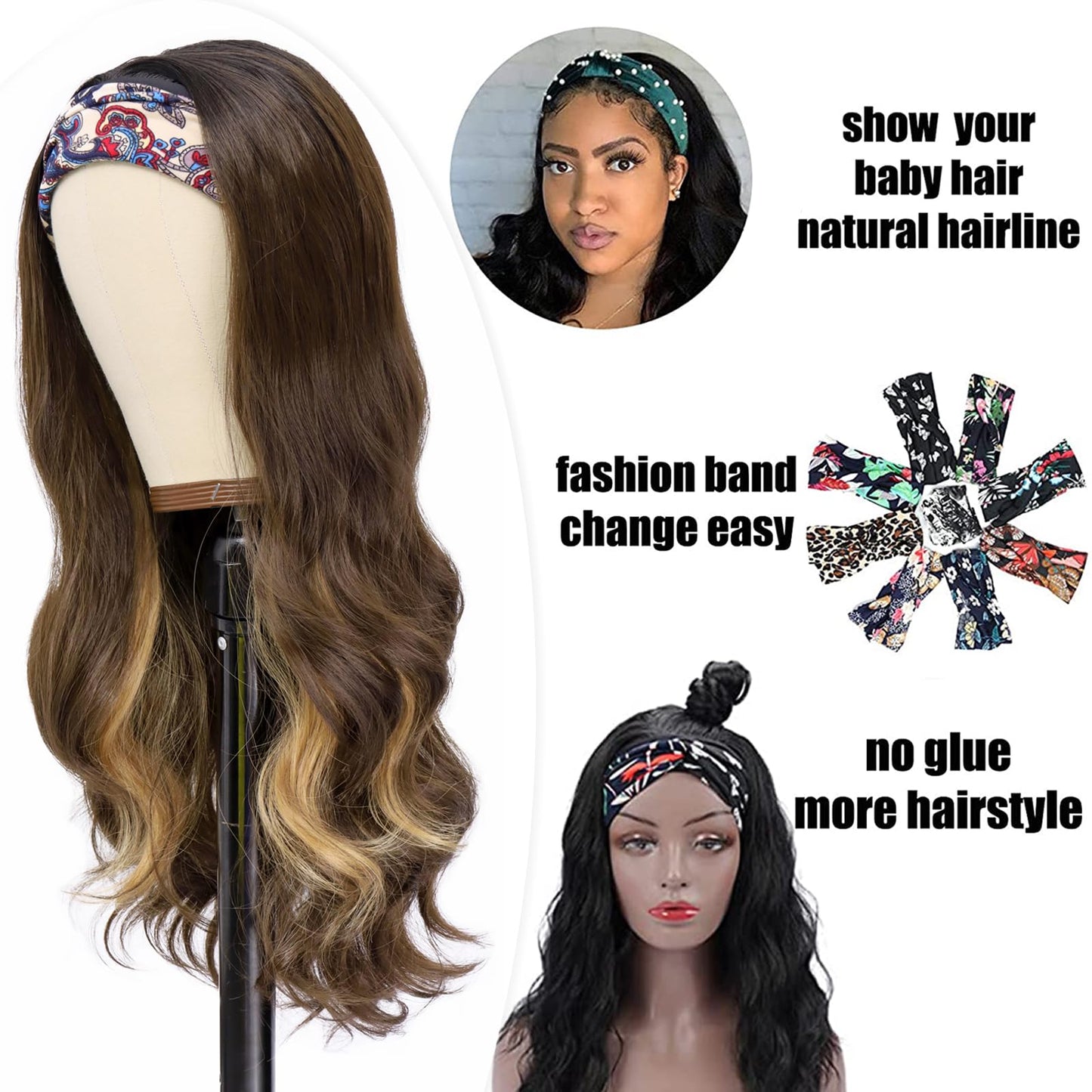 Colorful Queen Glueless Headband Wig Blonde Highlight Body Wave Headband Wigs for Women 26 Inch Long Wavy Wig Natural Looking Synthetic Heat Resistant Fiber Wig for Daily Party Use