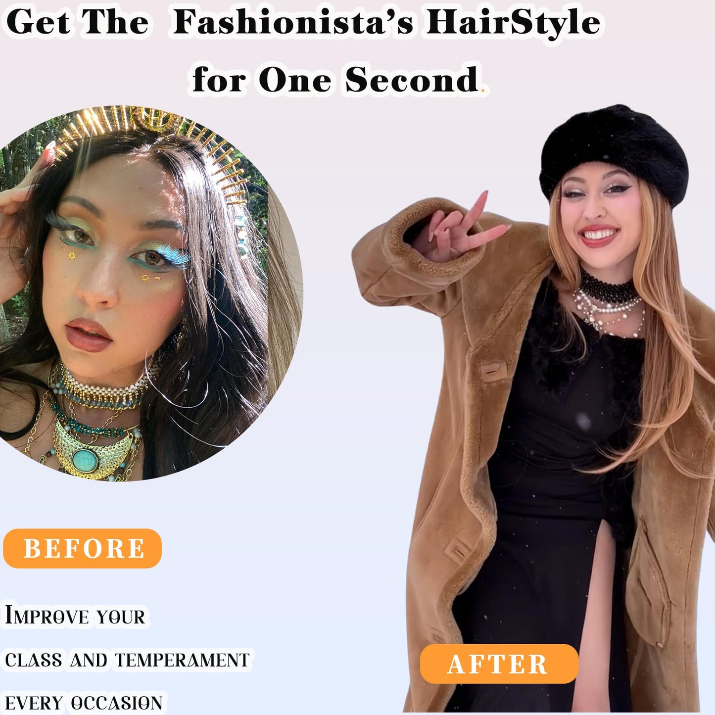 NOSTALGIA Brown and Blonde Highlight Straight Lace Front Wig Pre Cut Glueless Synthetic Layered Wig 24 Inch Middle Part Closure Wig For Women Upgraded with Premium Fiber