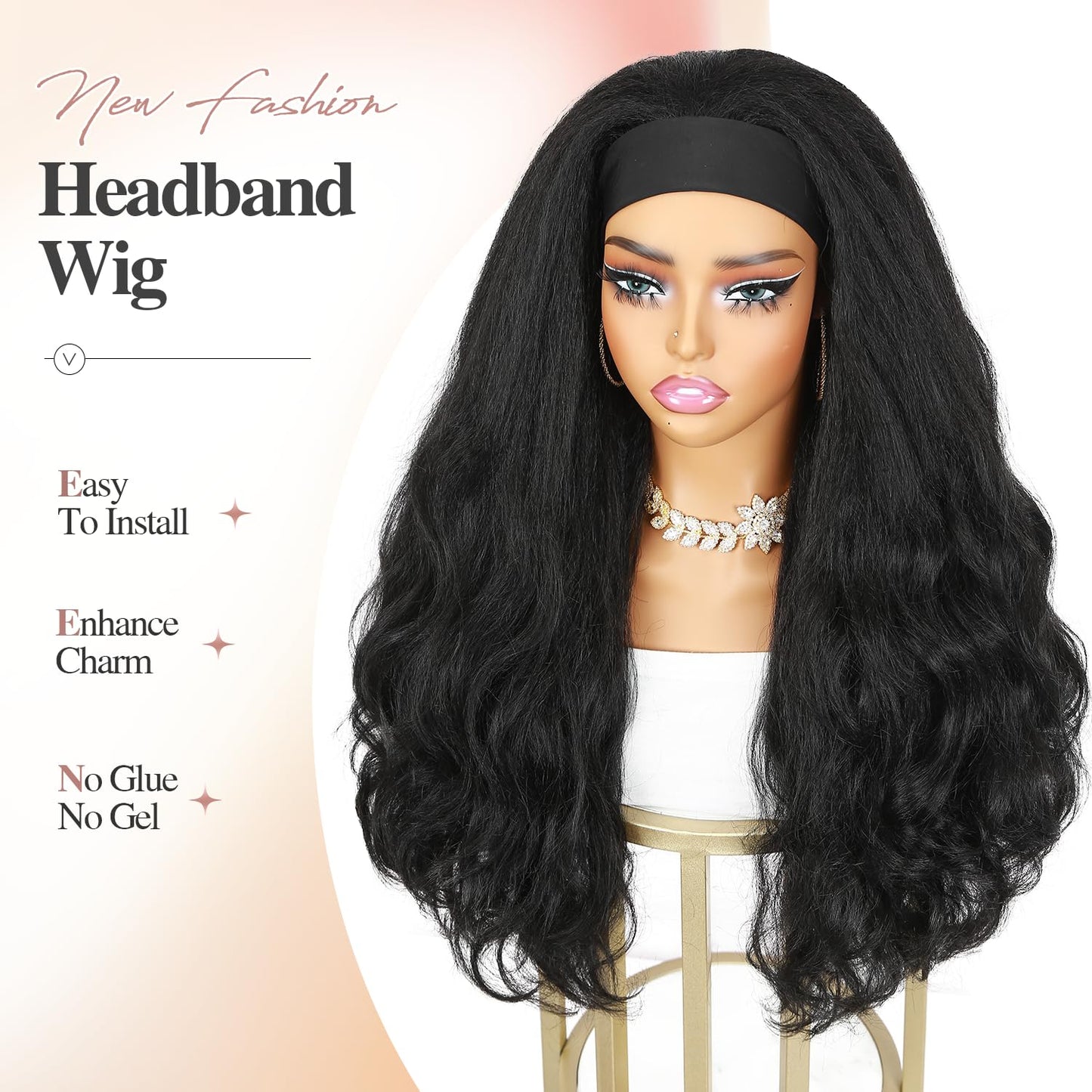 Quantum Love Yaki Curly Headband Wigs for Black Women Kinky Straight Black Headband Curly Ends 26inch Synthetic Wear and Go Glueless half Wig with Headbands Attached