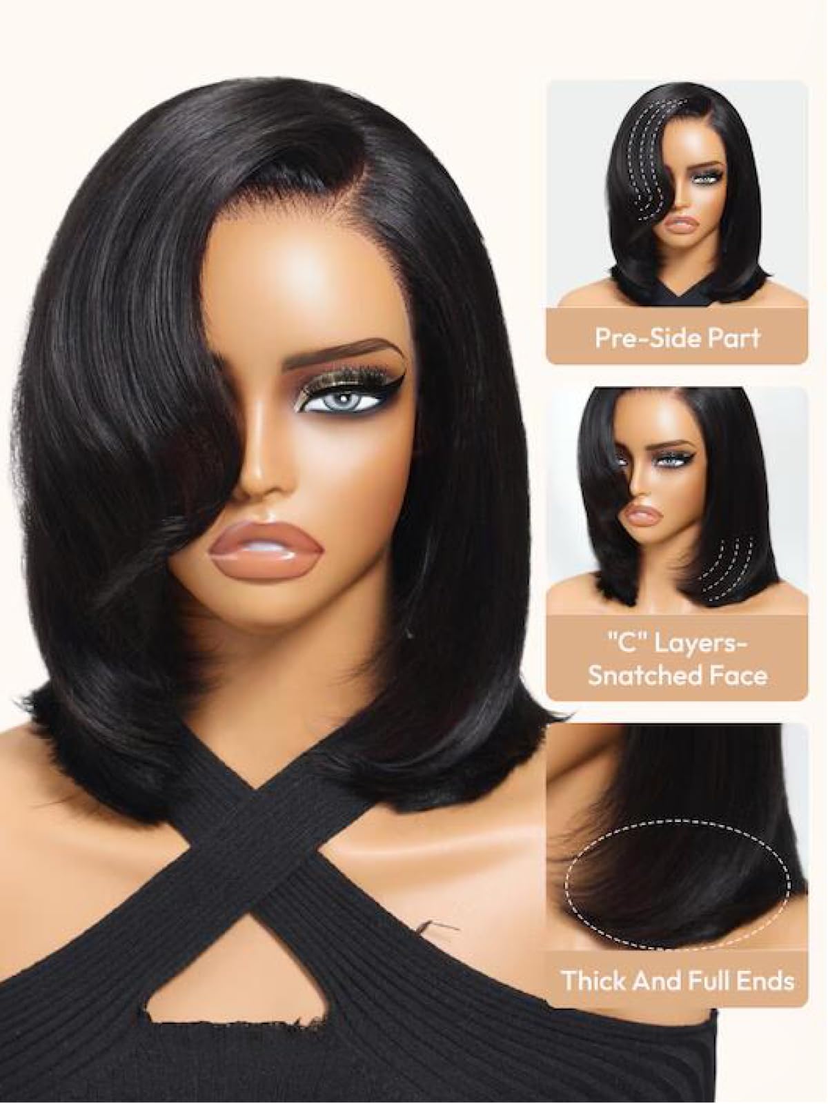 UNICE 8 inch Short Layered Bob Drawstring Wig Human Hair with Side Swept Bangs Bye Bye Knots 7x5 Lace closure Glueless Wigs Human Hair Pre Plucked Pre Cut Read to Wear