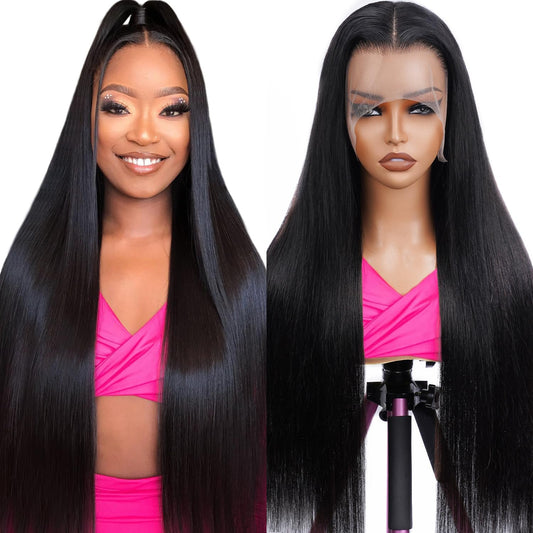 CabeDuck 26 Inch Straight Wigs Human Hair Pre Plucked Straight Lace Front Wigs Human Hair 13x4 HD Lace Frontal Wig for Women Natural Color