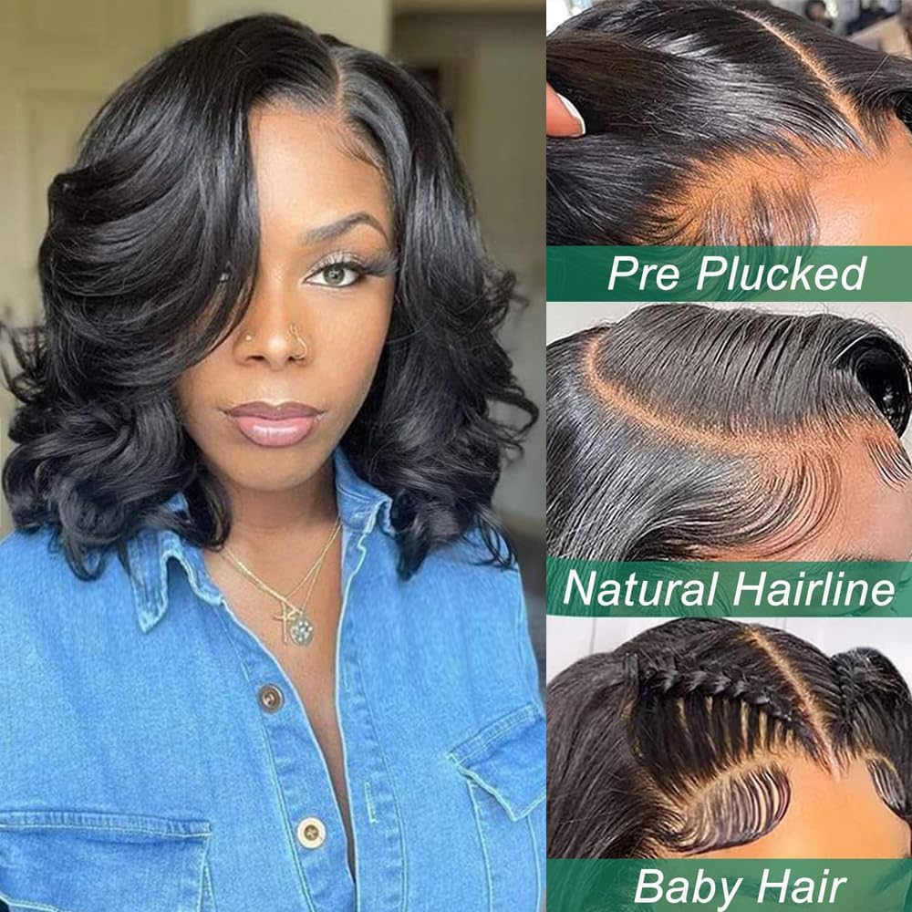 Douyin Bob Wig Human Hair 13x4 Frontal Lace Wig Body Wave HD Lace Front Wigs Human Hair Pre Plucked Glueless Bob Wigs for Women (12 inch,Natural Black)