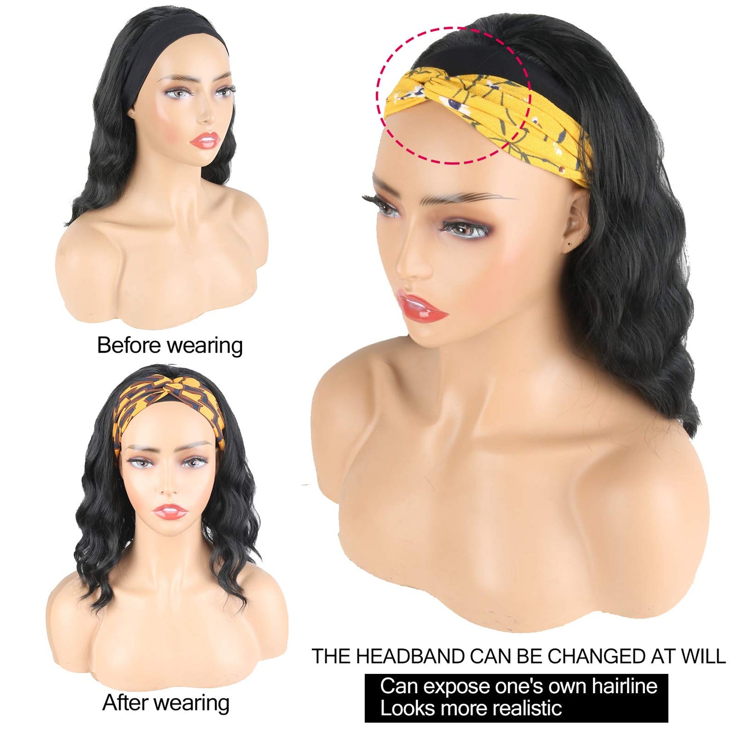 Oseti Short Curly Headband Wigs for Black Women Black Wavy Wigs with Headbands Attached Body Wave Wig Head Wrap Wigs with Ice Silk Turban Synthetic Headband Wigs for Women Short Loose Bob Wig 14Inch