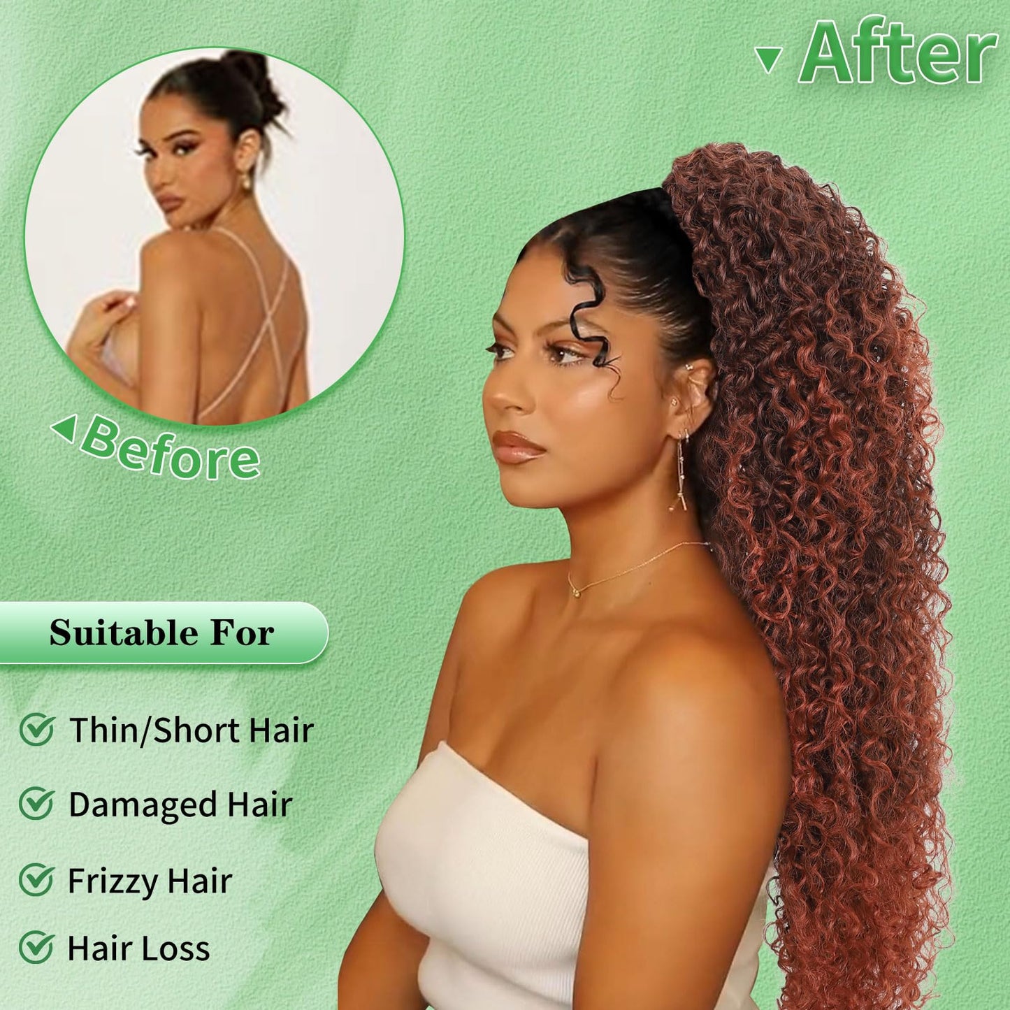 Youthfee Drawstring Ponytail for Women Deep Curly Ponytail Extension Synthetic Mixed with Human Hair Ponytails Orange Mixed with Black Afro Kinky Curly Pony for Daily wear,27 Inches