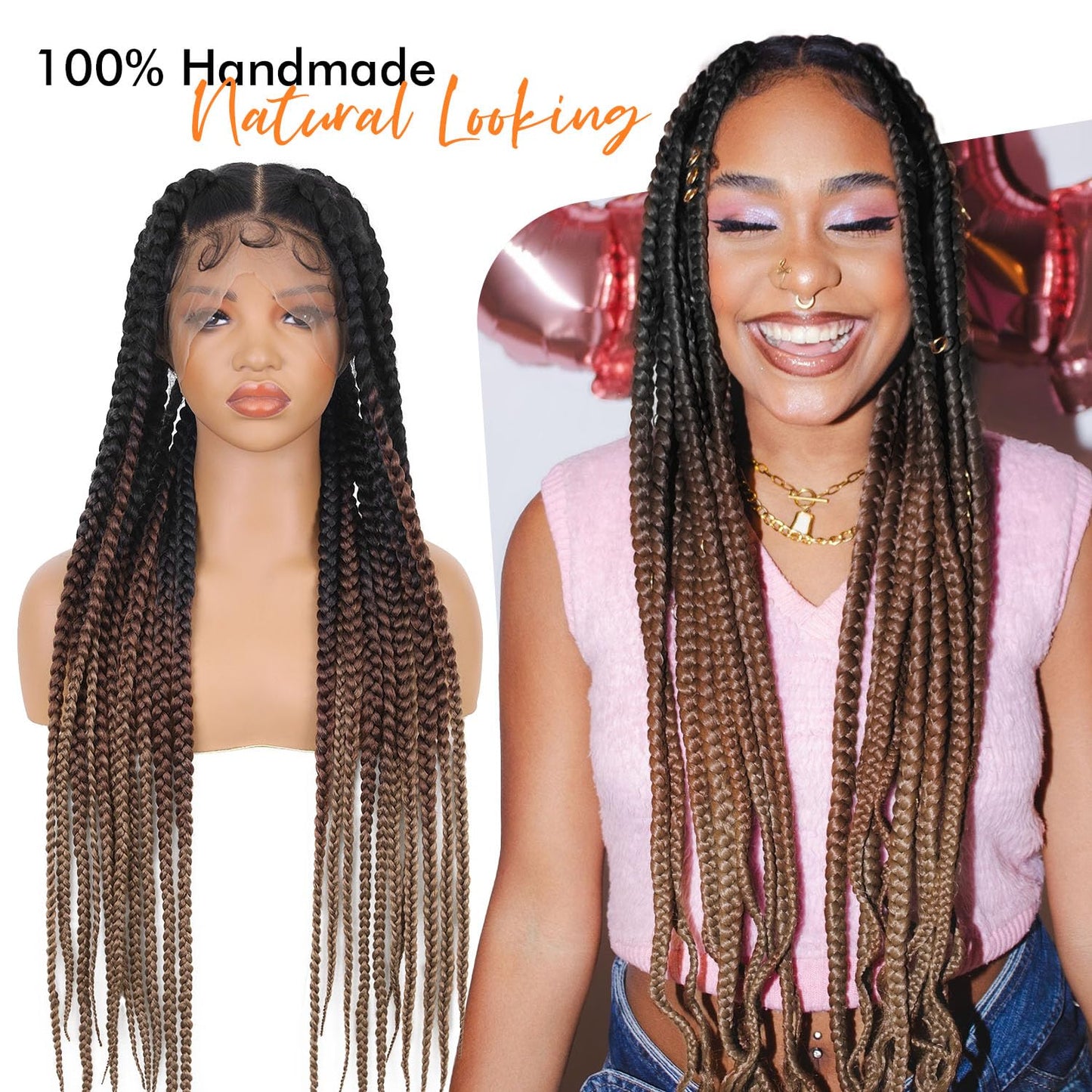Lady Miranda Full Lace Jumbo Braided Wigs for Black Women Knotless Box Braid Wig with Baby Hair 32" Glueless Wigs Jumbo Box Braids Lace Front Synthetic Wig (1B/30/27)