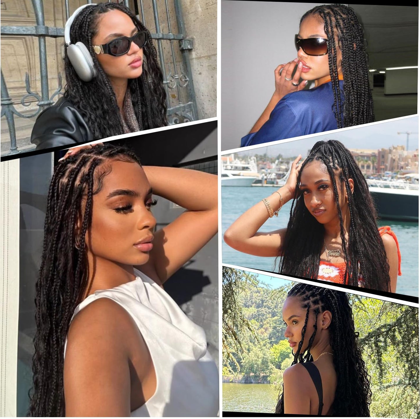Boho Braided Wigs for Black Women Knotless Box Braids Wig with Curly Ends Double Full Lace Synthetic Glueless Braided Wigs with Baby Hair for Woman Natural Black 32 Inch