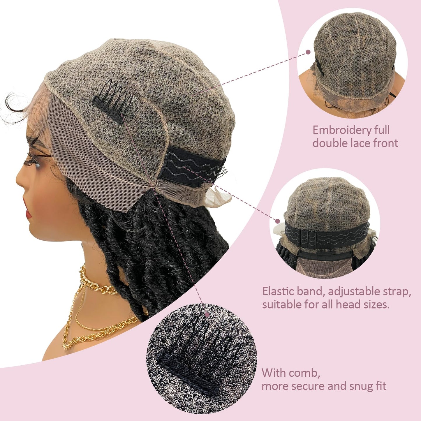 Janyuwool 36" Faux Locs Knotless Braided Wigs Dreadlock Full Double Lace Braid Wig Lace Front Braided Wig for Black Women Human Hair Blended Braids Wig with Baby Hair (Black)