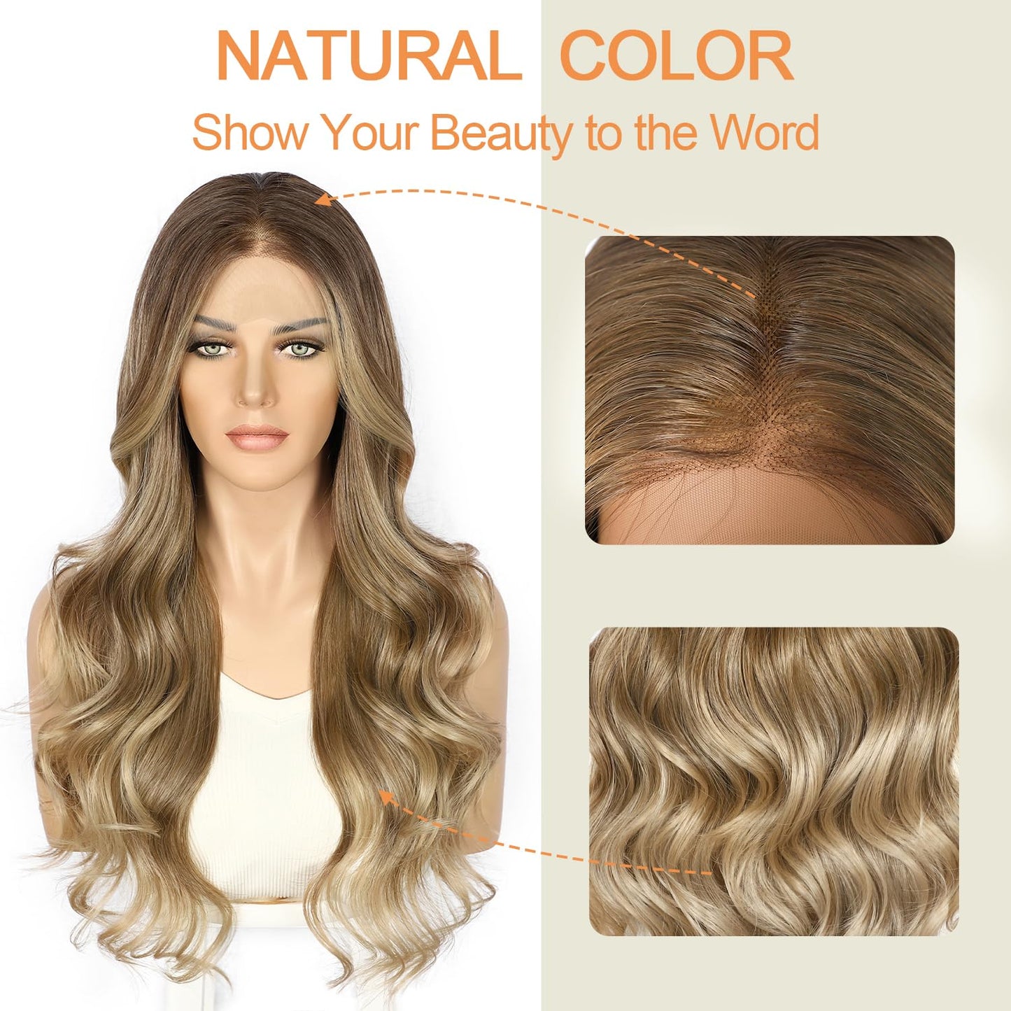 SAPPHIREWIGS Brown Lace Front Wigs Long Body Wave Pre-plucked Hairline Brown Wig with Ash Blonde Tips Synthetic Wigs for Women Heat Resistant Fiber Hair Daily Party Use 26inch