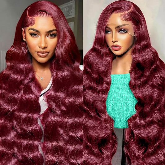 Gearina 26 Inch Burgundy Body Wave Wigs Human Hair 13x4 99J HD Body Wave Lace Front Wigs Human Hair Pre Plucked Glueless Lace Front Wigs Human Hair 200% Density for Women
