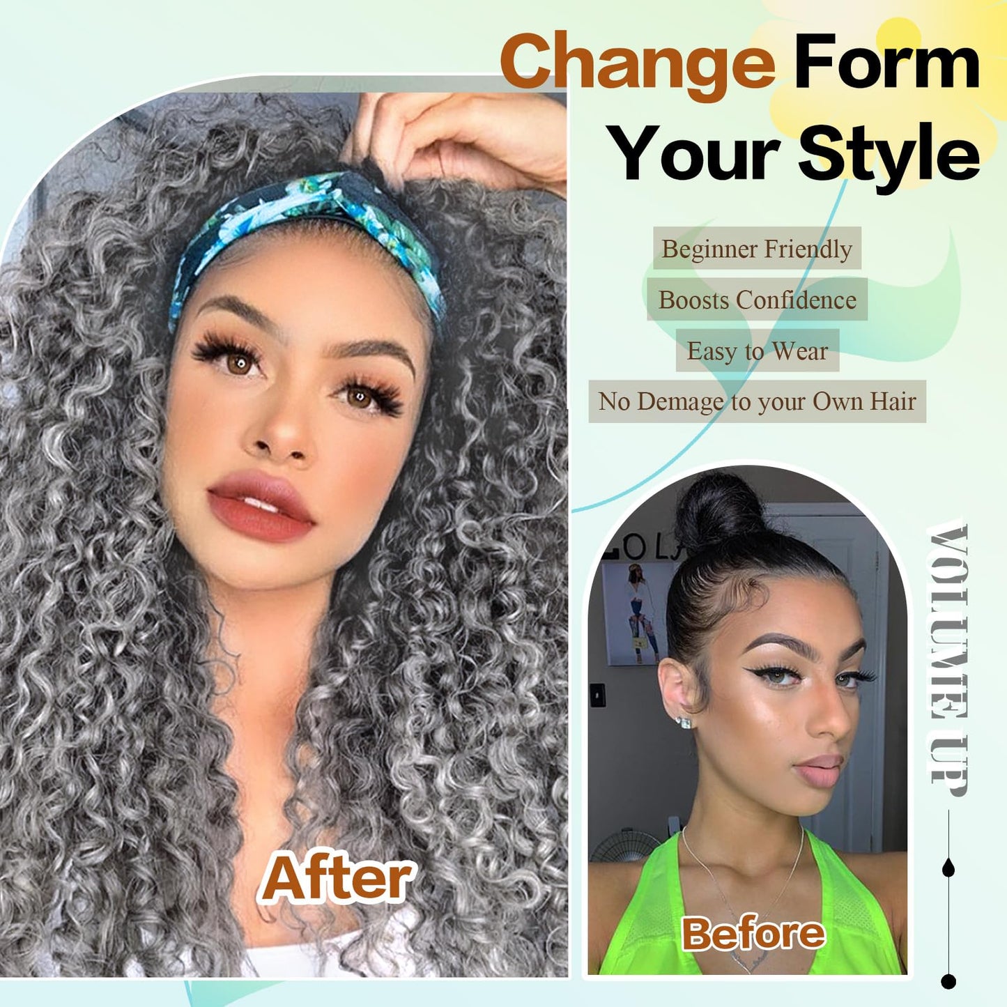 Aisaide Kinky Curly Headband Wig 16 Inch Headband Wigs for Black Women Gray None Lace Front Curly Wave Half Hair Wear and Go Glueless Wig
