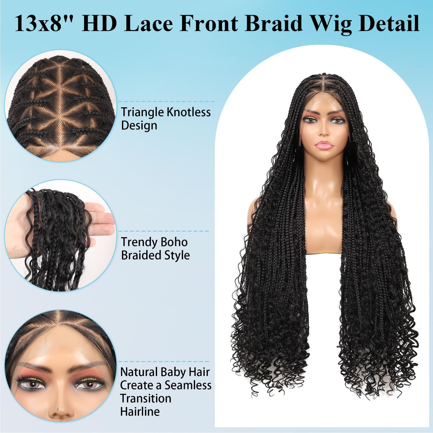 Olymei 13x8'' HD Lace Front Boho Braided Wigs Knotless Braided Wigs for Black Women Box Braid Wig Premium Synthetic Boho Braided Lace Front Box Braided Wig, Natural Black 36 Inch