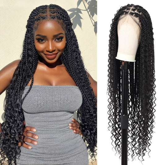 Olymei 360° HD Full Lace Braided Wigs for Women Knotless Boho Braided Wigs Twisted Braid Lace Wig with Baby Premium Synthetic Blended Braid Lace Front Wig Black 36"
