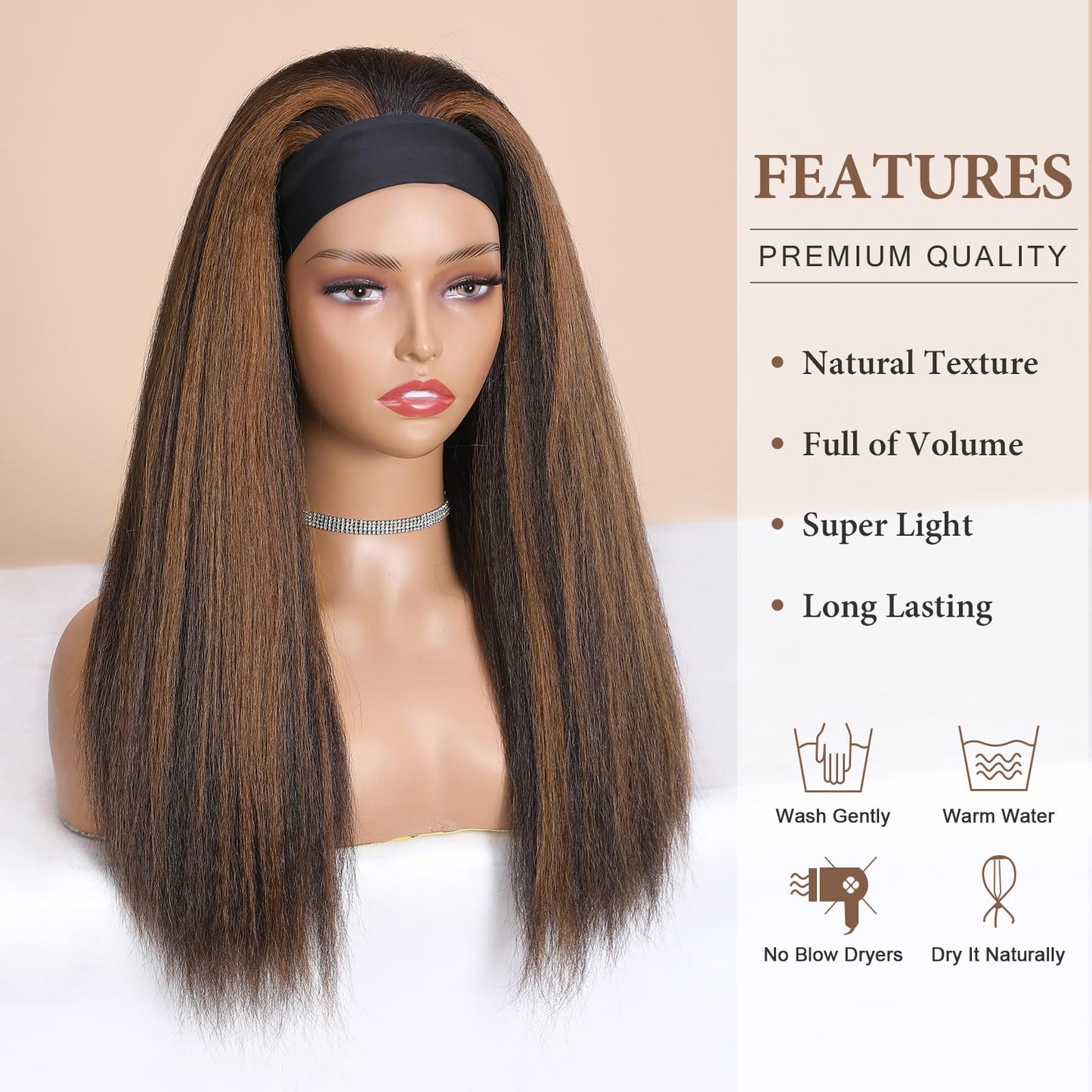 WIGNEE Brown Highlights Kinky Straight Headband Wig for Women 22 Inches Yaki Straight Wigs with Black Headband Kinky Straight Wigs for Black Women (2A/30# Highlights, 22 Inch)