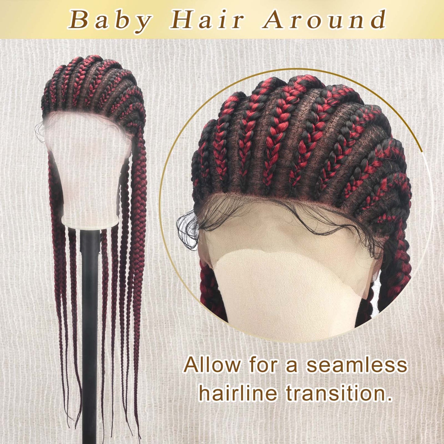 Alebery 36" Full Lace Braided Wigs for Black Women Jumbo Box Braids Lace Front Wig with Baby Hair Lightweight Synthetic Lace Frontal Black Cornrow Twisted Wigs (Burgundy Mixed Black)