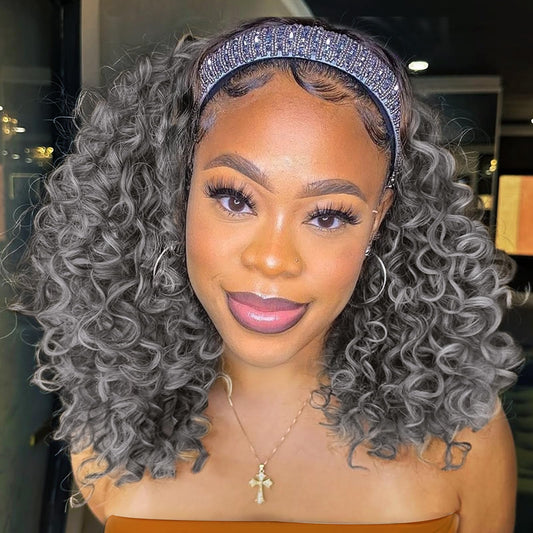 Aisaide Kinky Curly Headband Wig 12 Inch Grey Deep Curly Headband Wigs for Women Short Glueless No Lace Deep Curly Half Hair Wig Dark Silver Grey