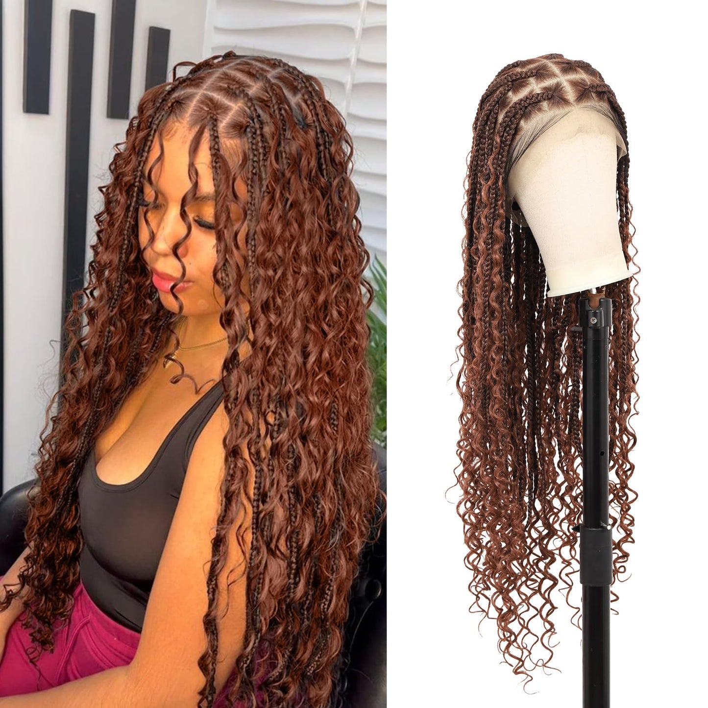 Kalyss HD Full Lace Boho Braided Wigs for Women 360 Lace Front Box Braided Wigs with Baby Hair Brown Premium Synthetic Knotless Braid Wig 36"