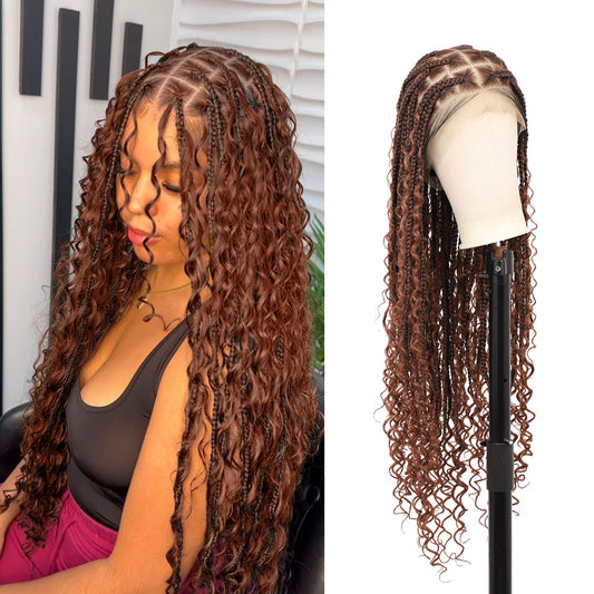 Kalyss HD Full Lace Boho Braided Wigs for Women 360 Lace Front Box Braided Wigs with Baby Hair Brown Premium Synthetic Knotless Braid Wig 36"